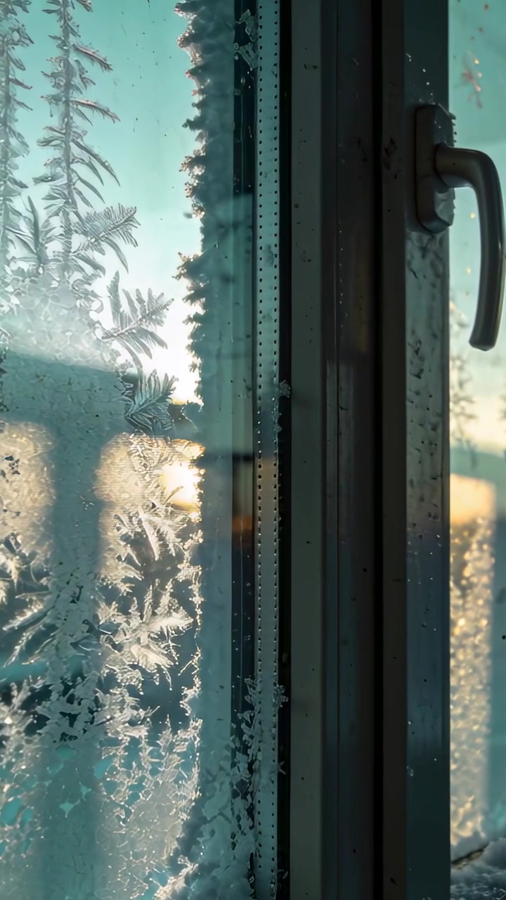 Vertical video: Catching low sun icy window pane glowing near balcony forming drops on metal handle