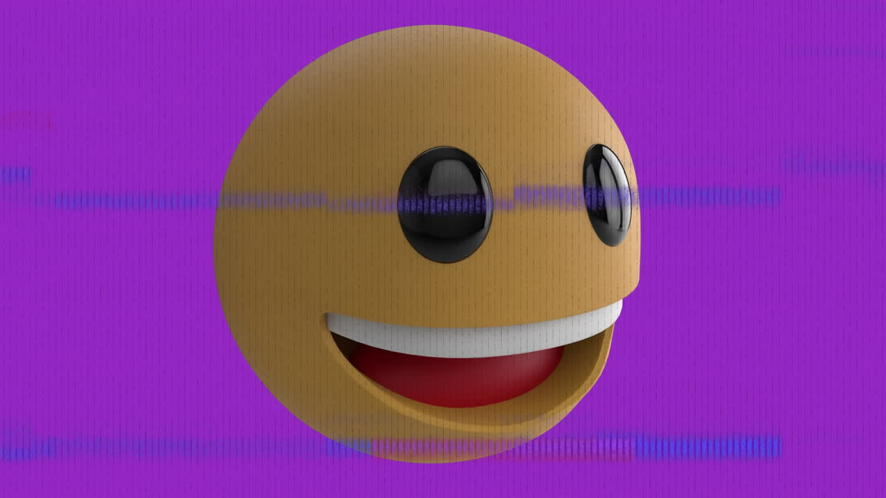 Animation of smile emoji over noise on screen on purple and white background