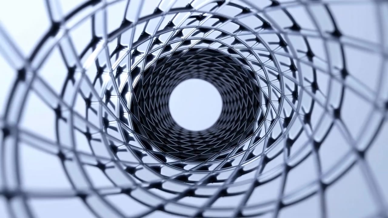 Centered inward viewpoint through tubular metal lattice composed of interlaced glossy rods and small spherical connectors, rings converging toward bright