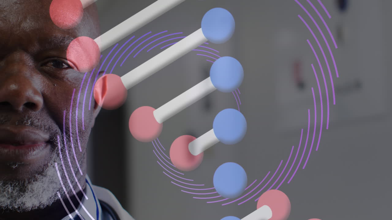 웃는 아프리카계 미국인 남성 의사의 dna 스트랜드와 데이터 처리의 애니메이션