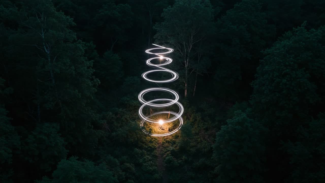Illuminated Spirals: A Serene Exploration of Light Trails in a Dark Forest, Showcasing the Beauty of Nature and Subtle Artistry in Extravagant Patterns