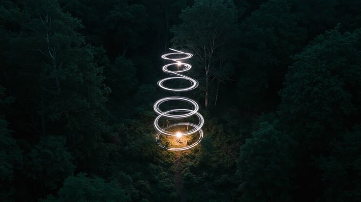 Illuminated Spirals: A Serene Exploration of Light Trails in a Dark Forest, Showcasing the Beauty of Nature and Subtle Artistry in Extravagant Patterns