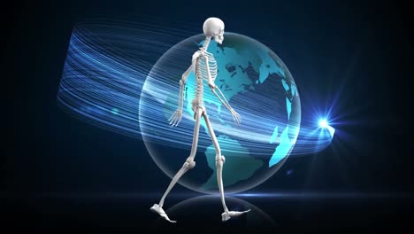 animation of human skelton model walking over light trails over spinning globe on black background