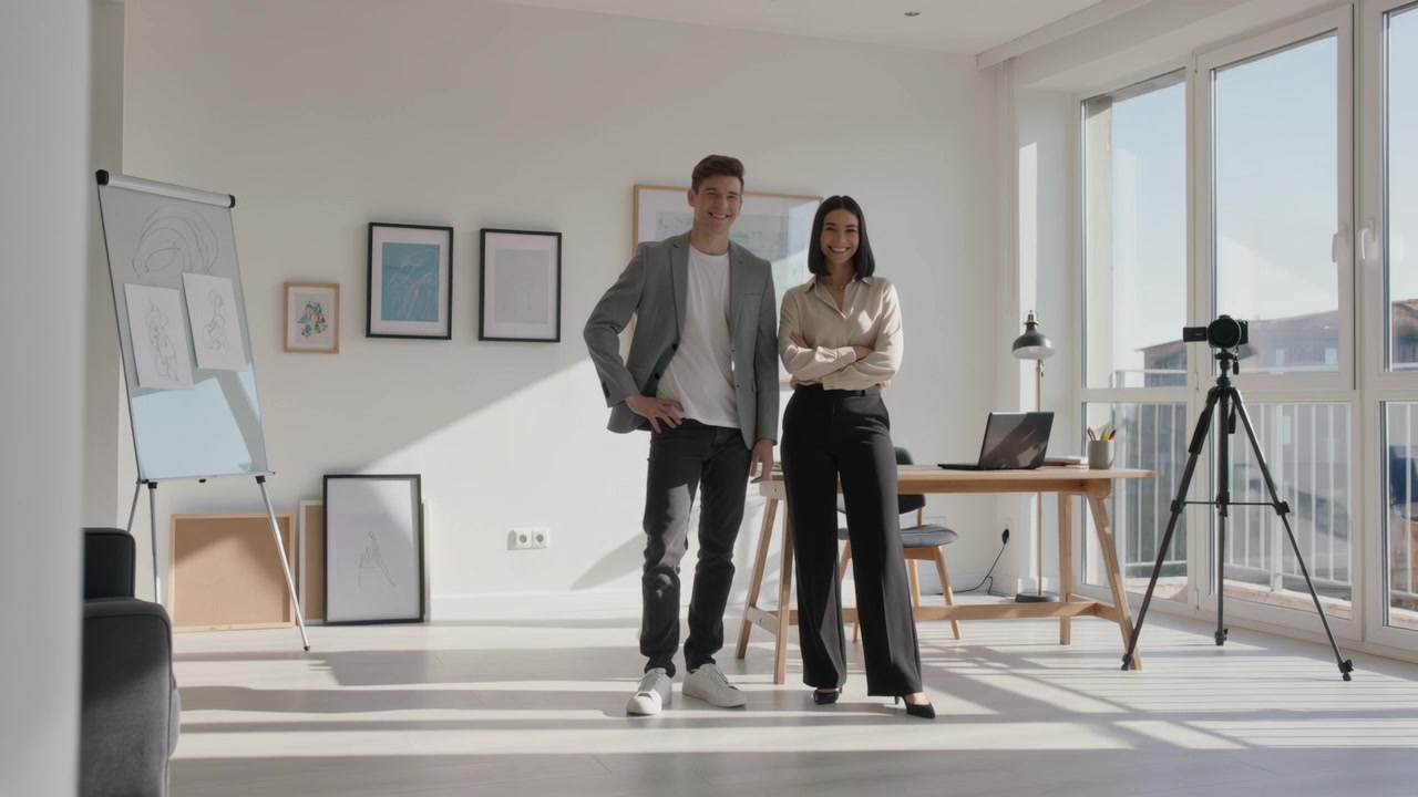 En søjle glider til side og afslører en lejlighed, hvor en mand og en kvinde i smart tøj præsenterer via et stativkamera.