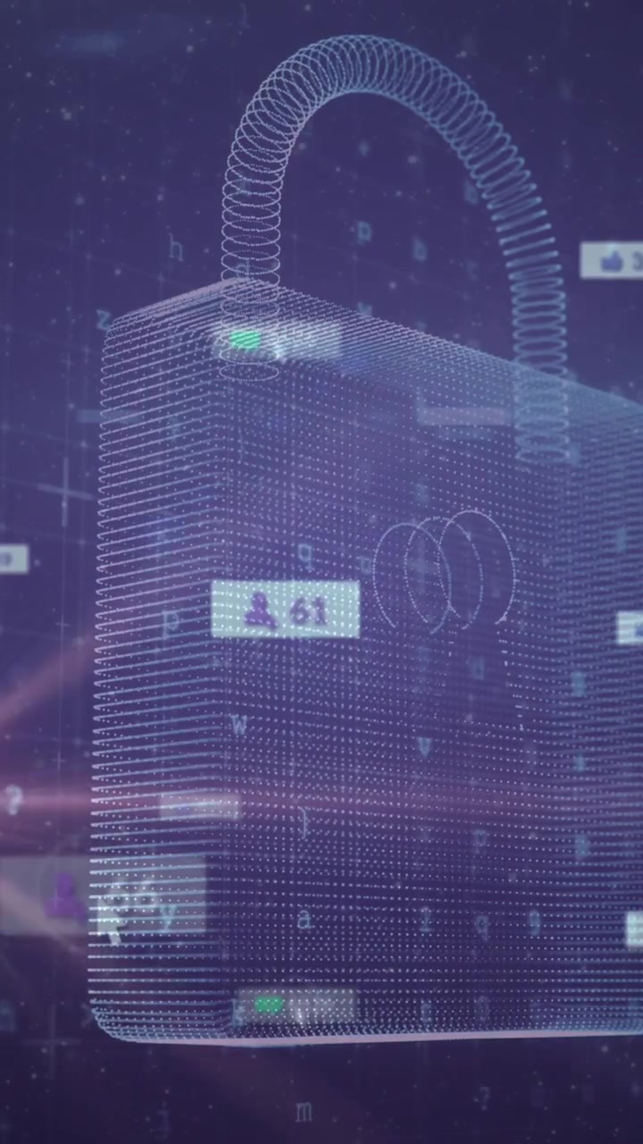 Animation of social media icons on banners over digital online security padlock