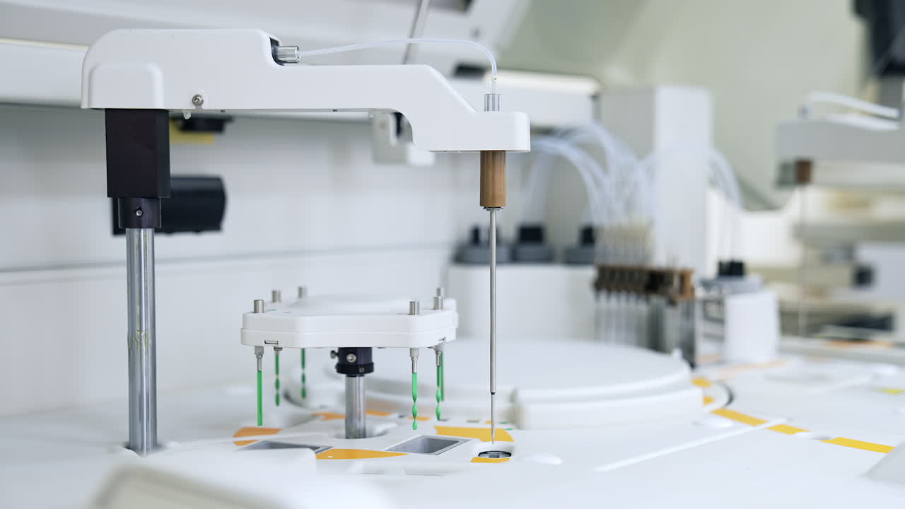 Some parts of modern equipment moving and carrying the blood test. Advanced technological appliances for science test and analysis.