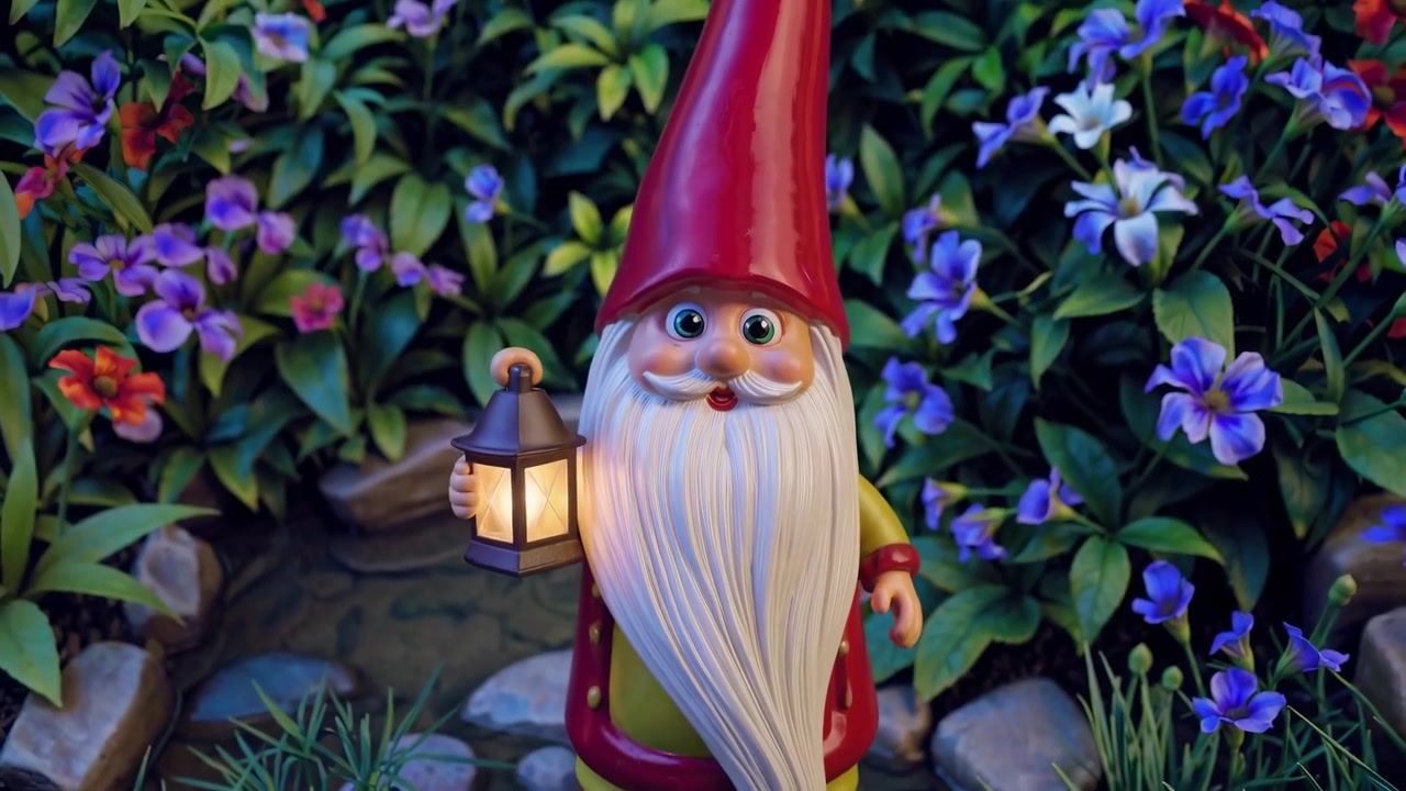 Gnomo da giardino che tiene una lanterna luminosa in un rigoglioso giardino fiorito