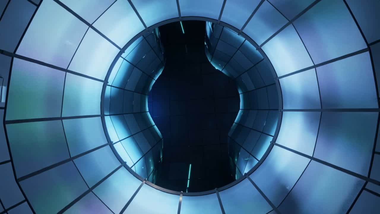 Telecamera in movimento che mostra un anello luminoso rotondo nell'atrio, formando un'apertura a clessidra, con barre verde neon in movimento