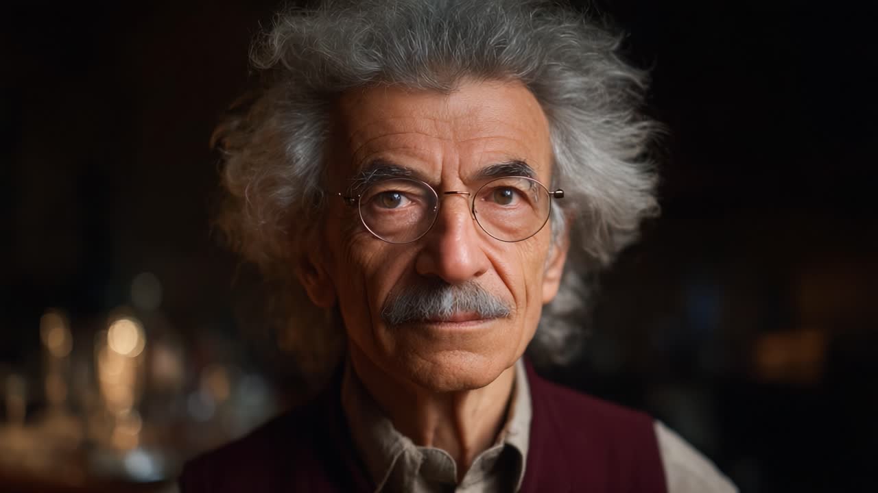 Ritratto di un erudito di lunga data con capelli e occhiali particolari, che enfatizza la profondità e il personaggio in un'atmosfera intima di riflessione intellettuale