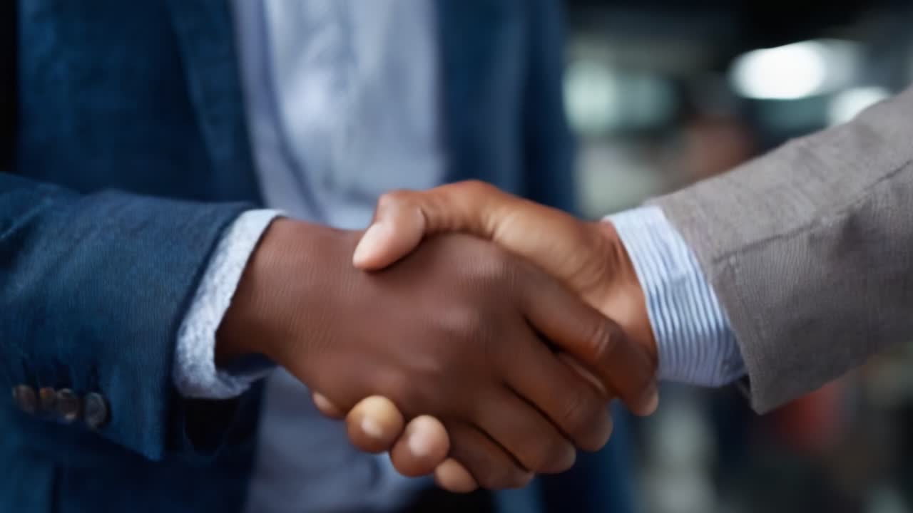 Professional handshake symbolizing agreement, trust, and partnership between two individuals with diverse backgrounds in a business environment