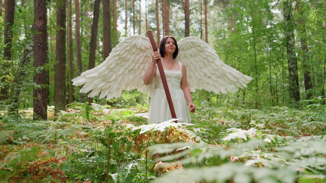 Donna fatata bianca con ali angeliche di piume, vestita con un abito bianco fluente, in piedi tra gli alberi di una foresta, che tiene un bastone di legno abbassandolo con espressione calma e sicura, circondata dalla luce del sole