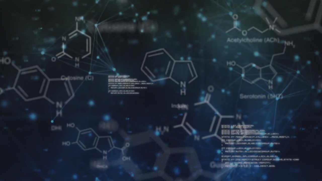 Network of connections with data and structural formula of chemical compounds in the foreground