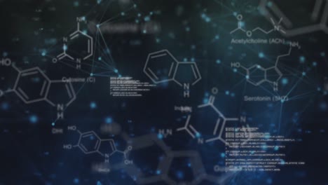 red de conexiones con datos y fórmulas estructurales de compuestos químicos en primer plano