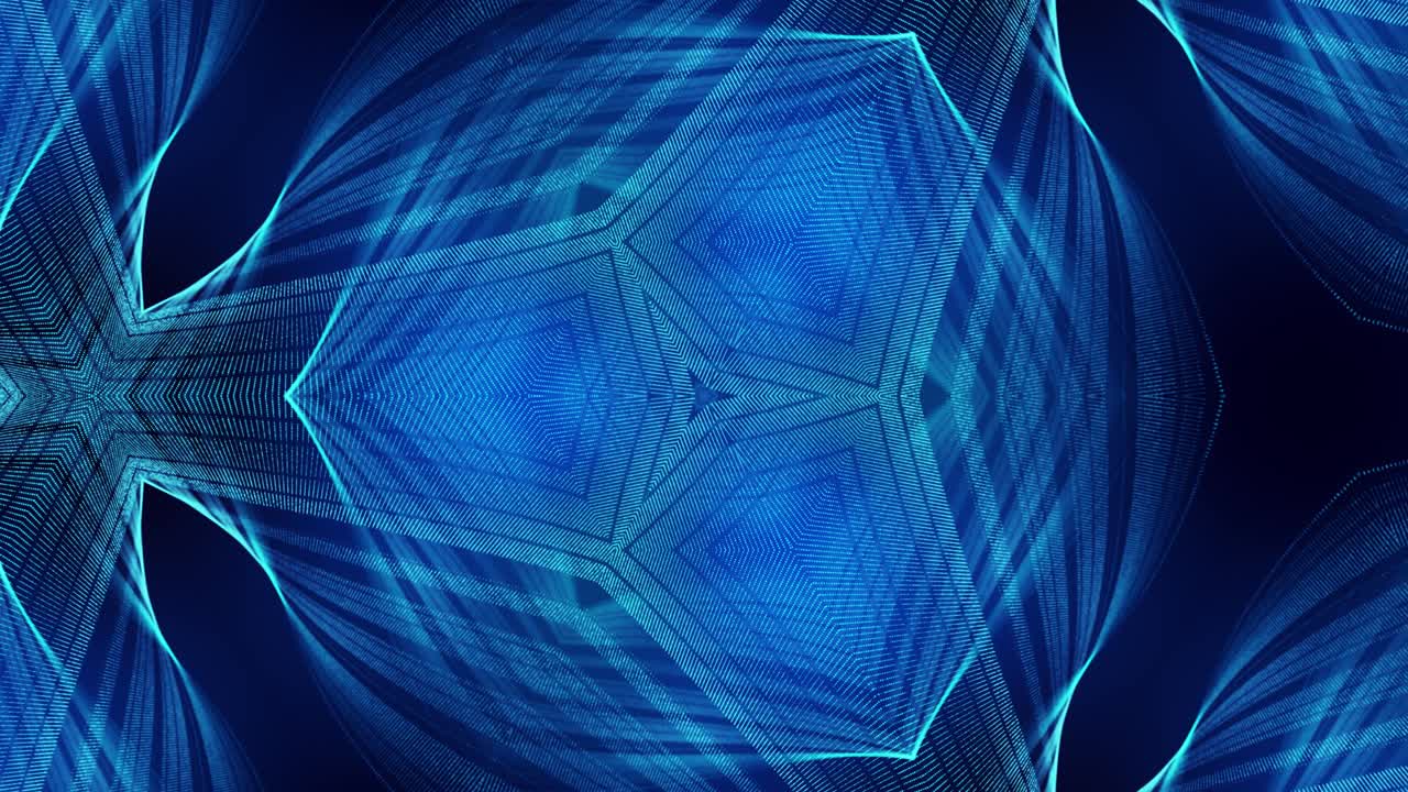 el fondo azul abstracto de 4k de partículas de brillo forma líneas curvas, superficies estructuras simétricas como en el holograma caleidoscópico. tema abstracto de ciencia ficción con ondas de partículas.
