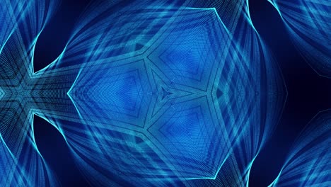 el fondo azul abstracto de 4k de partículas de brillo forma líneas curvas, superficies estructuras simétricas como en el holograma caleidoscópico. tema abstracto de ciencia ficción con ondas de partículas.