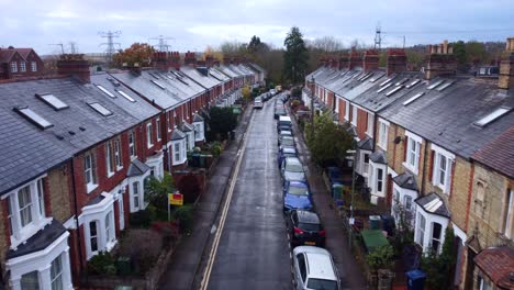 drone flying over residential cul-de-sac street in oxford in england