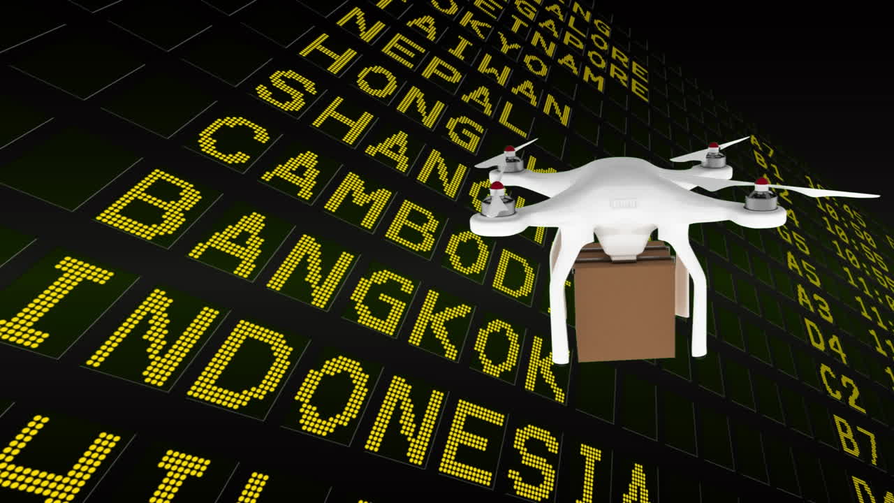 드론은 뒤에 국가 이름이 있는 카드보드를 들고 있습니다.