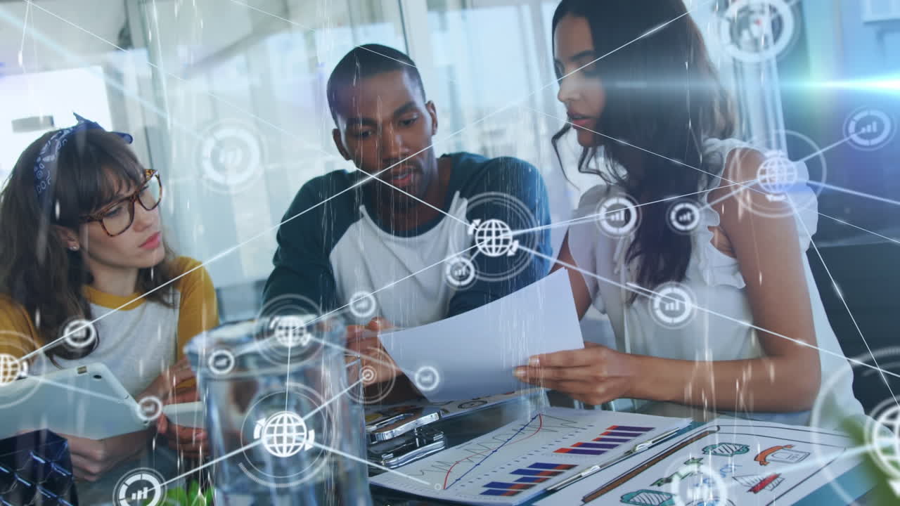 Animation of financial data processing over group of business people discussing