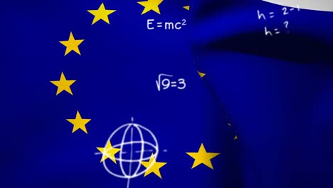 Animation-of-mathematical-equations-over-flag-of-eu