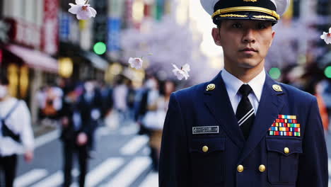 military officer in a city with cherry blossoms