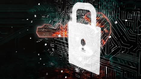 animation of key with integrated circuit and digital padlock on black background