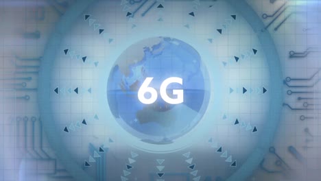 animation of 6g text with data processing over globe