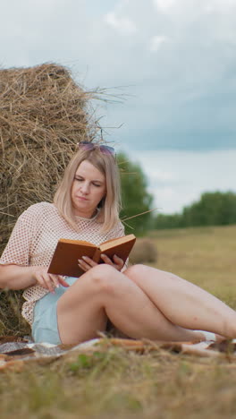 mujer se sienta en una manta cerca de la bala de heno, leyendo un cuaderno cubierto de marrón mientras ajusta su cabello, un entorno rural abierto con árboles verdes y cielo nublado en el fondo