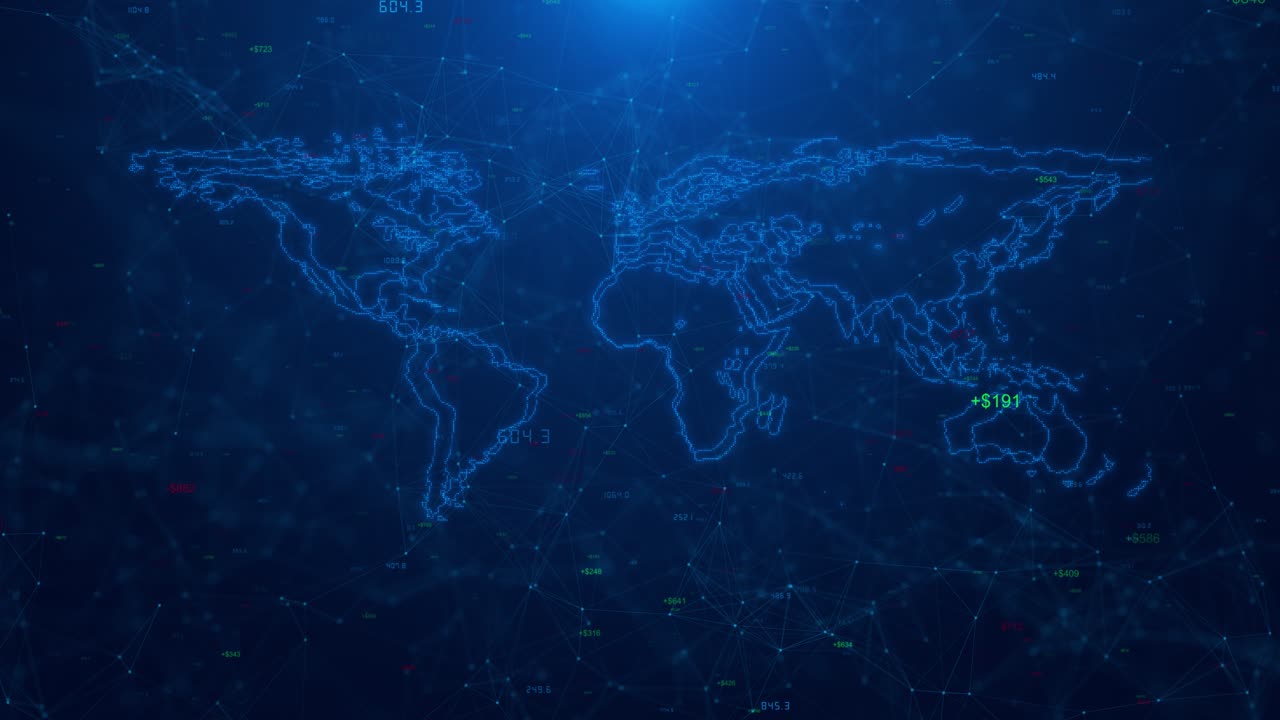 Futuristic visualization glowing digital plexus map continents flowing data line connected nodes