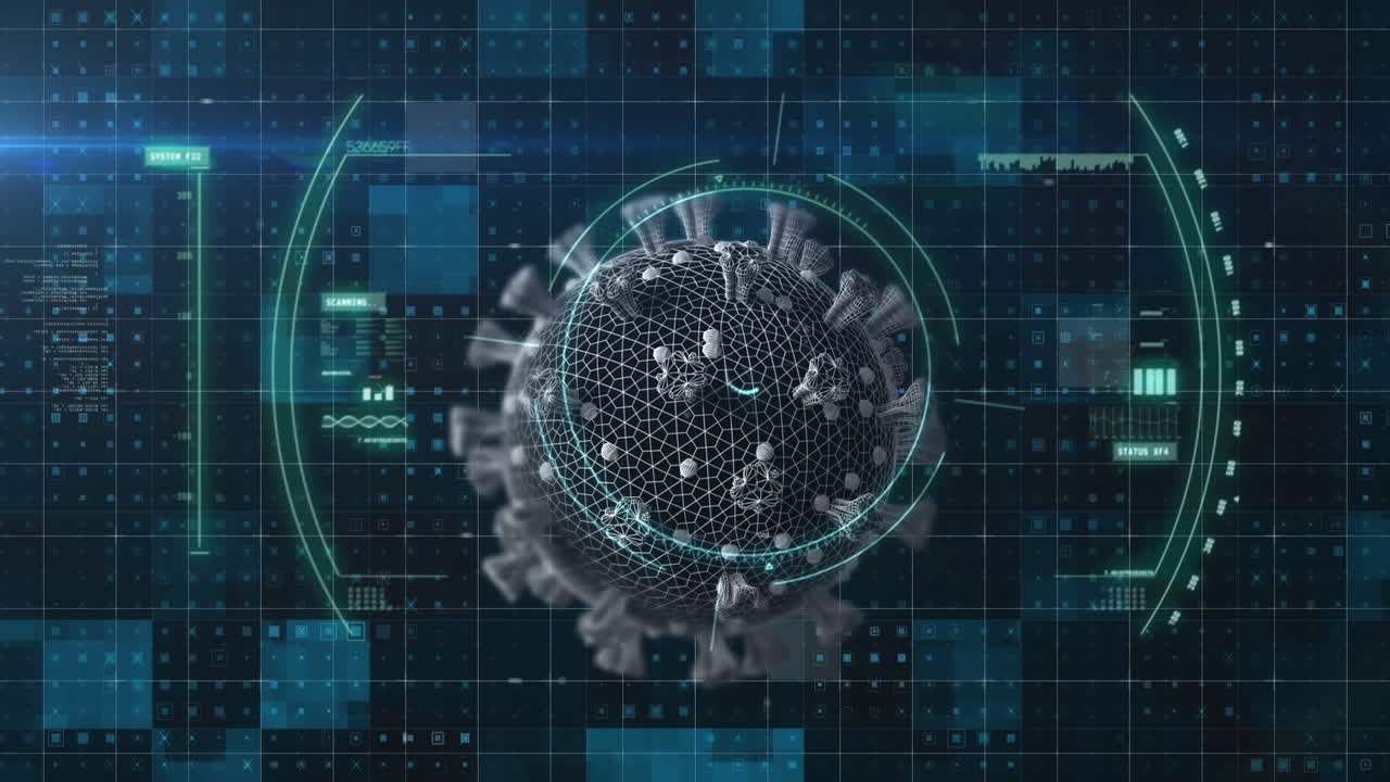 animazione di una cella di covid-19 con scansione dello scopo su griglia su sfondo blu