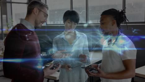 animation of light trails over diverse business people in office