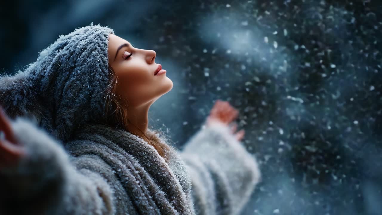 Incantevole eleganza invernale: una donna accoglie i fiocchi di neve che cadono in un'atmosfera da sogno e serena, connettendosi con la natura ed evocando un senso di pace e meraviglia in una giornata fredda