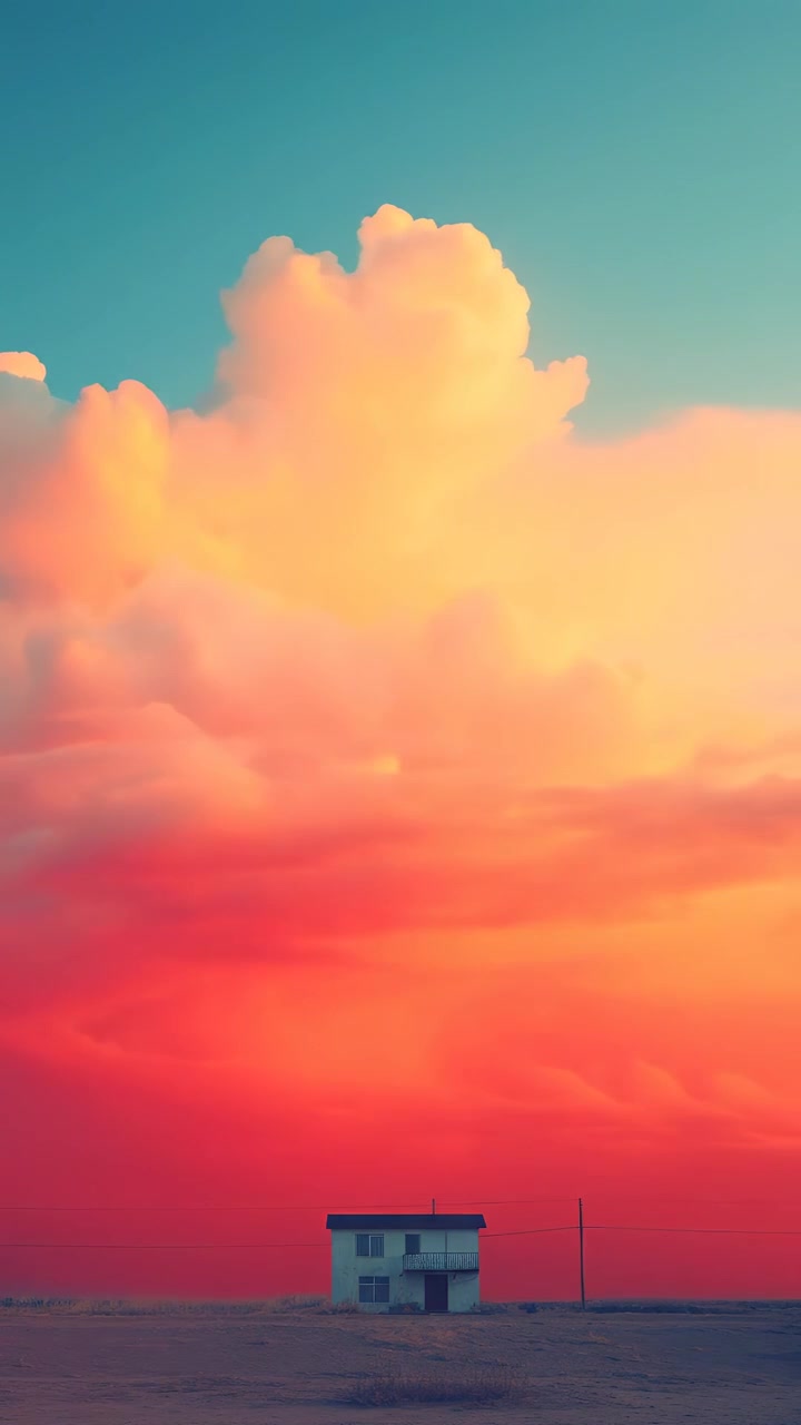 Small House in Desert Landscape Under Vibrant Sunset Clouds