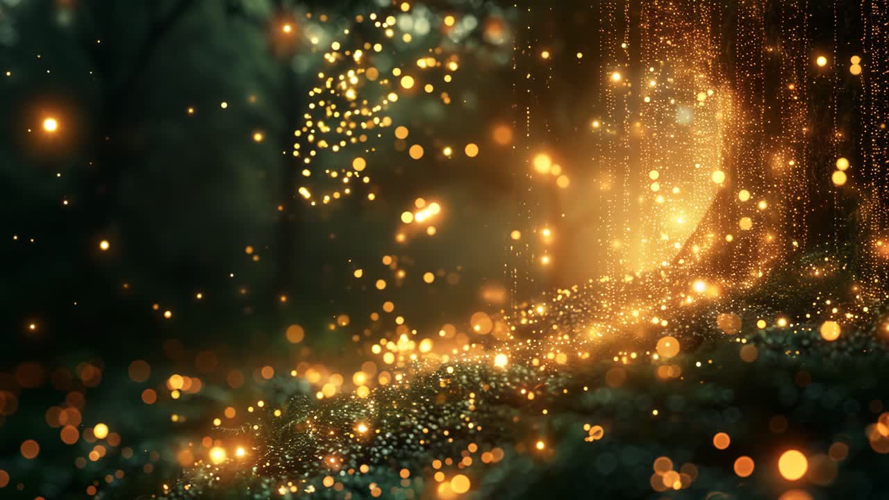 A tranquil forest scene with a glowing tree. The lights are scattered throughout the forest, creating a magical and ethereal atmosphere. The scene is filled with a sense of wonder and awe