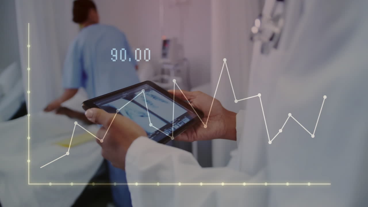 Animation of data processing and diagrams over caucasian doctor using tablet