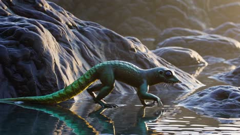 fantasy lizard in a rocky stream
