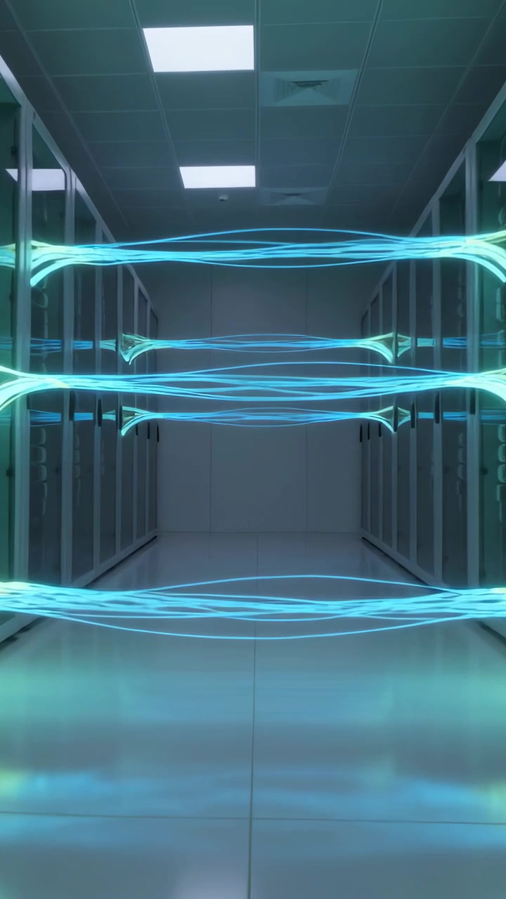 Vertical video: Appearing neon ribbons pulsing shifting in server racks aisle, reflecting on floor