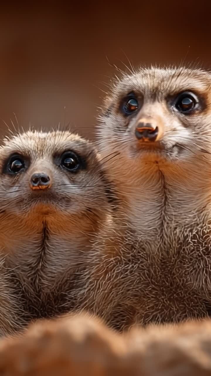 Un par de suricatas curiosas observando su entorno, capturadas con asombroso detalle, mostrando sus caras expresivas y características únicas contra un fondo suave.