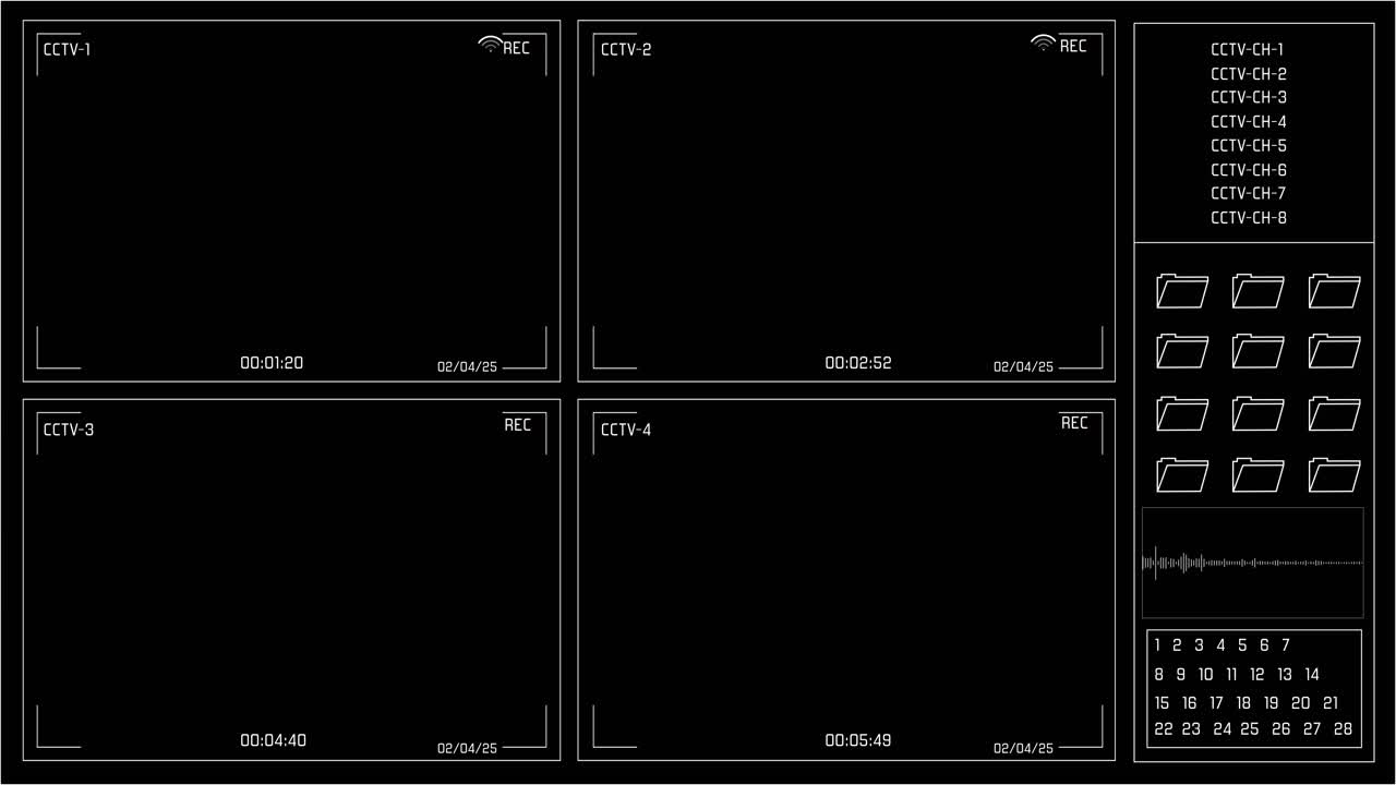 Four cctv screens interface recording indicators file folders digital calendar waveform panel for