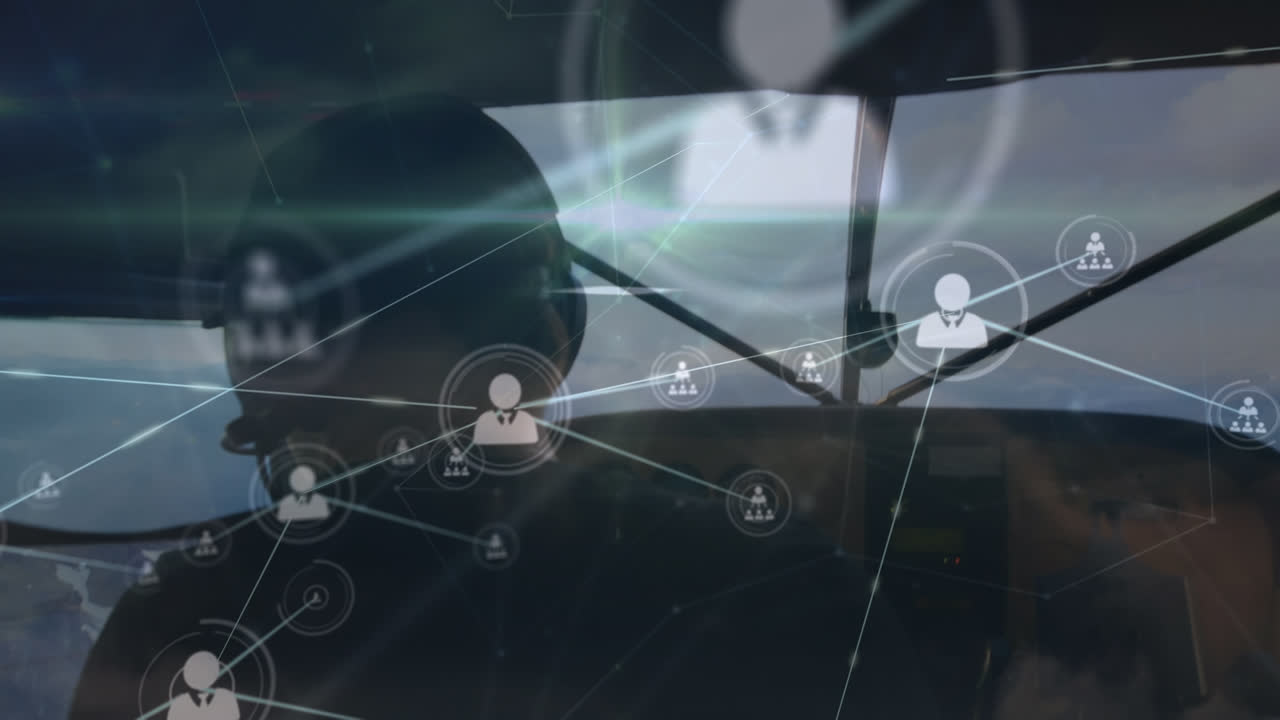 animación de perfiles que se conectan con líneas sobre vista trasera de pilotos volando helicóptero sobre la montaña