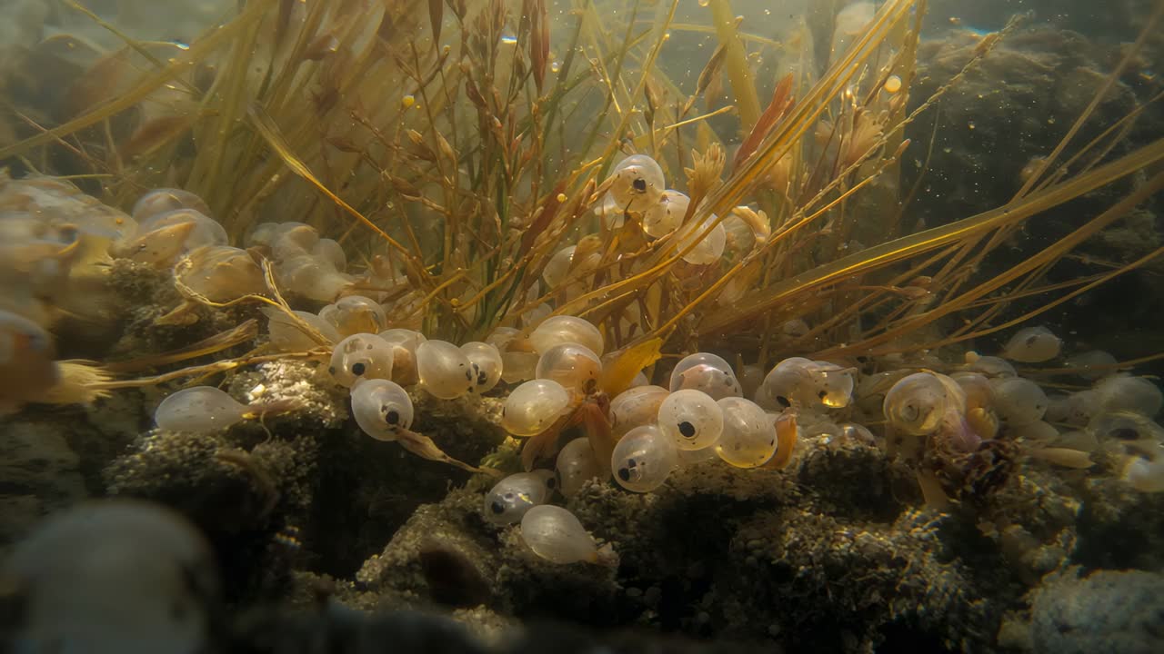 Moving camera advancing closer, revealing translucent egg capsules with eyespots on seagrass