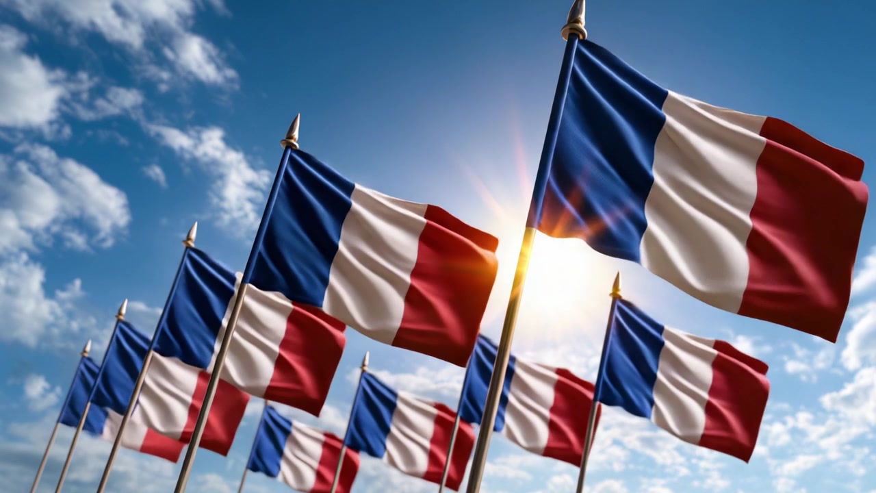 A Colorful Display of Multiple French Flags Waving Gracefully Against a Bright Sunny Sky, Symbolizing National Pride and Unity, Captured in Stunning Detail