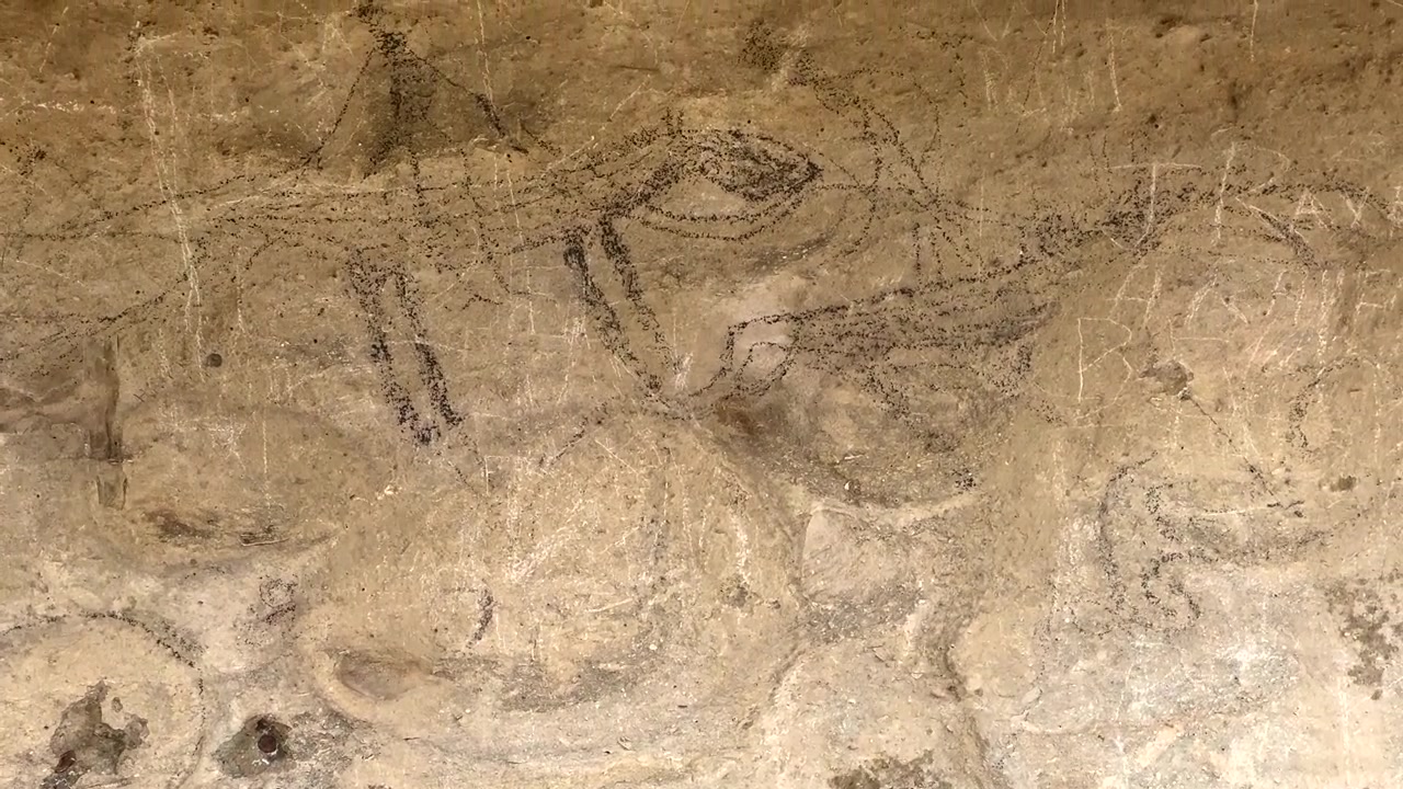 ニュージーランド南島ダントルーン近郊の洞窟や岩の張り出し部分にある古代マオリの岩絵に描かれた、ヨーロッパの帆船のイメージ