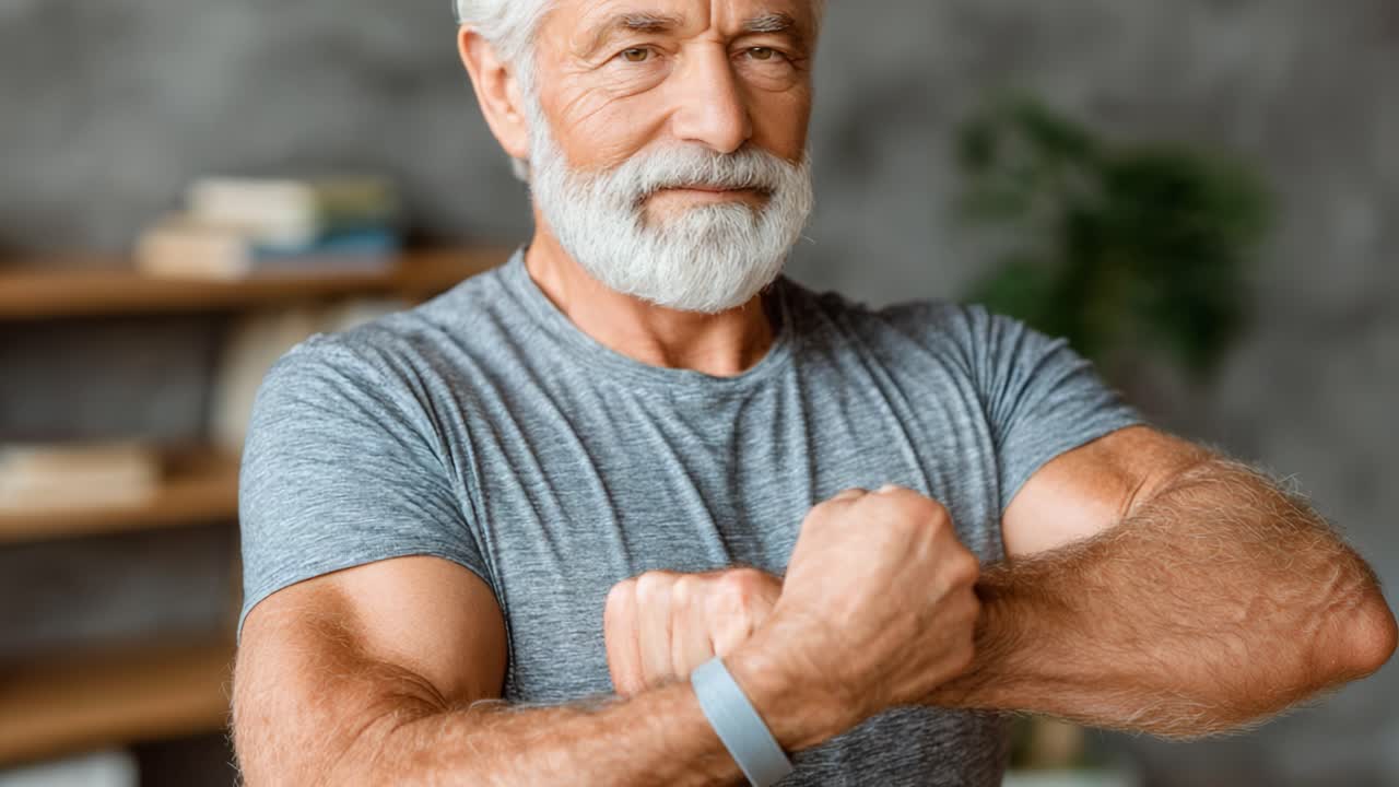 An Inspiring Journey: An Older Man Flexes His Muscles with Confidence, Highlighting Strength and Vitality in His Life of Fitness and Wellness