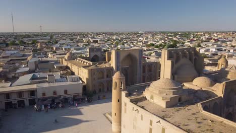 drone close shot of ulugh beg madrasa, samarkand mausoleum