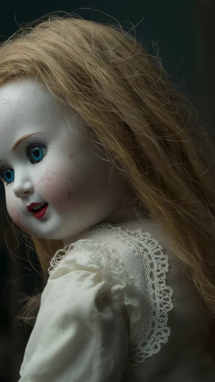 Vídeo vertical: Close-up de uma boneca de porcelana em um estúdio, mostrando olhos azuis, lábios vermelhos e vestido de renda
