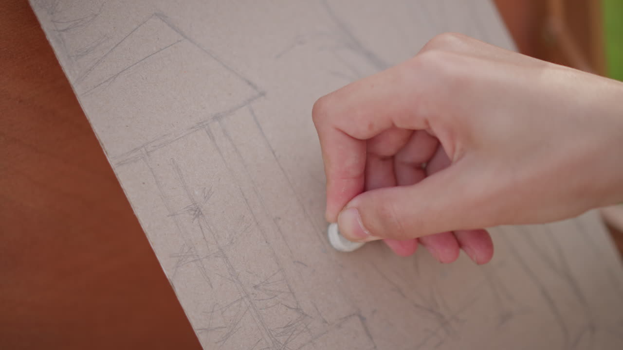 primo piano di una mano che cancella uno schizzo a matita su area di lavoro, cavalletto da esterno, contorni architettonici della facciata di una città, luce mattutina soffusa, correzione paziente, processo creativo consapevole, atmosfera da bozzetto di arte di strada