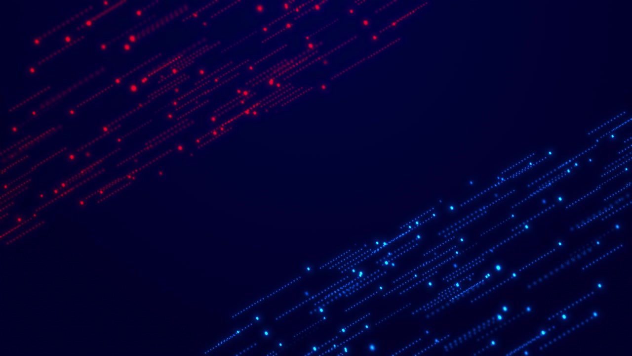 Effetto visivo di scie di particelle diagonali rosse e ciano con percorsi puntinati luminosi, sfocatura di movimento rapida e un'estetica tecnologica scura