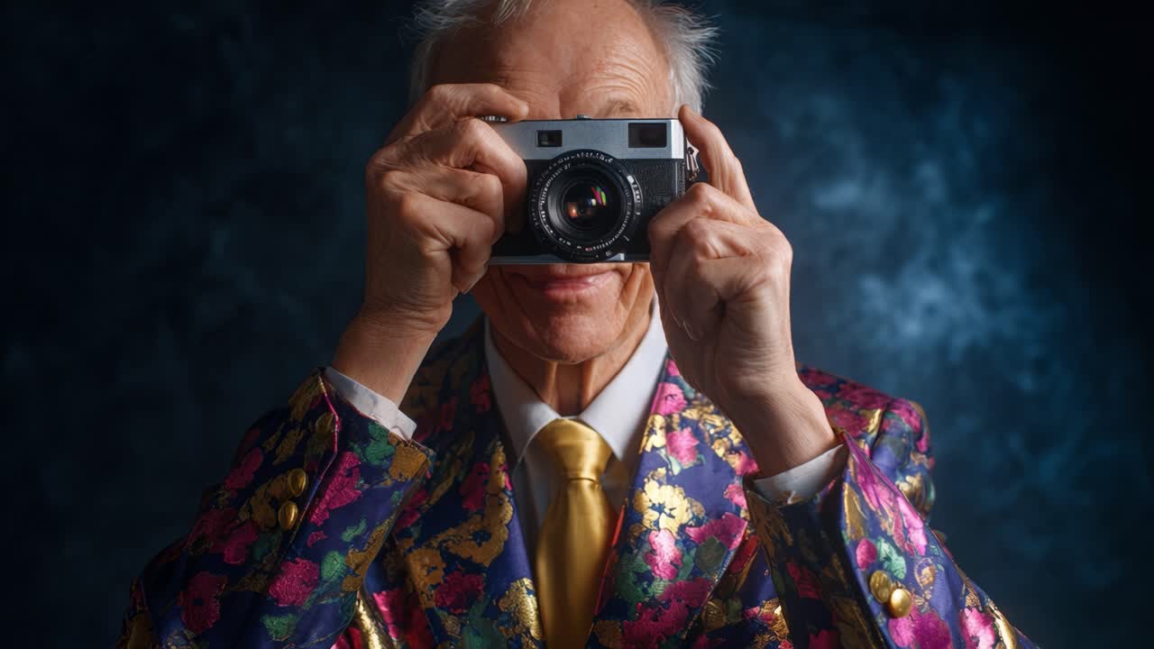 Un anziano gioioso in un abito colorato che cattura ricordi con una macchina fotografica, mostrando uno spirito giocoso e una passione per la fotografia in un ambiente da studio