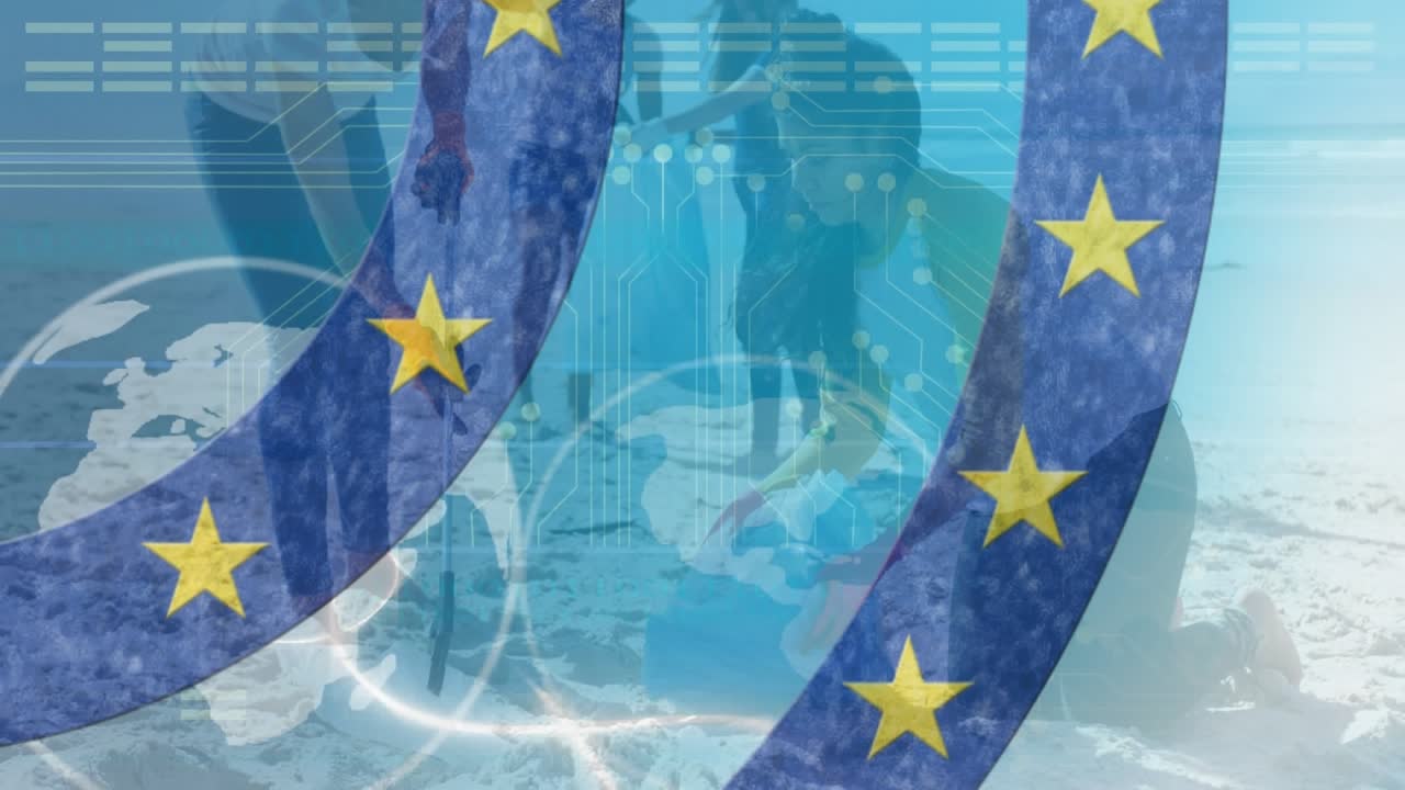 Animazione della bandiera dell'UE e di un globo su diversi volontari che puliscono una spiaggia