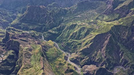 mafate cirque, reunion, dronehot in the valley with river and small villages